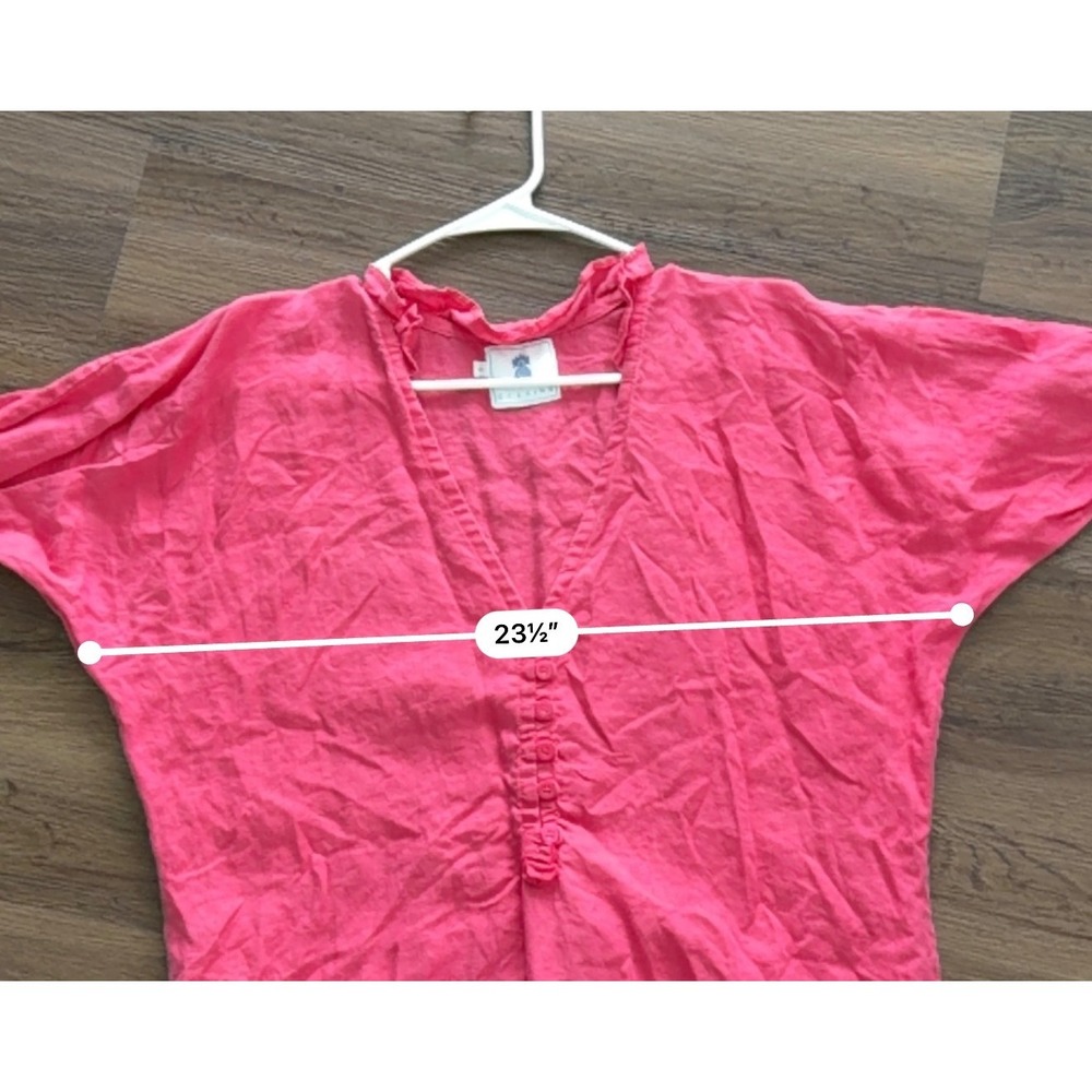 CJ LAING Pink Linen Ruffle V Neck Midi Dress Asymmetrical Hem Size L - Picture 8 of 9